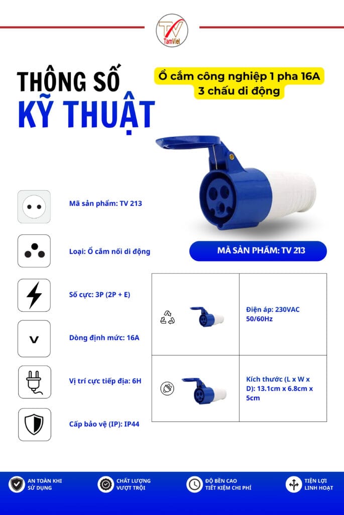 Ổ cắm công nghiệp 1 pha 16A 3 chấu di động