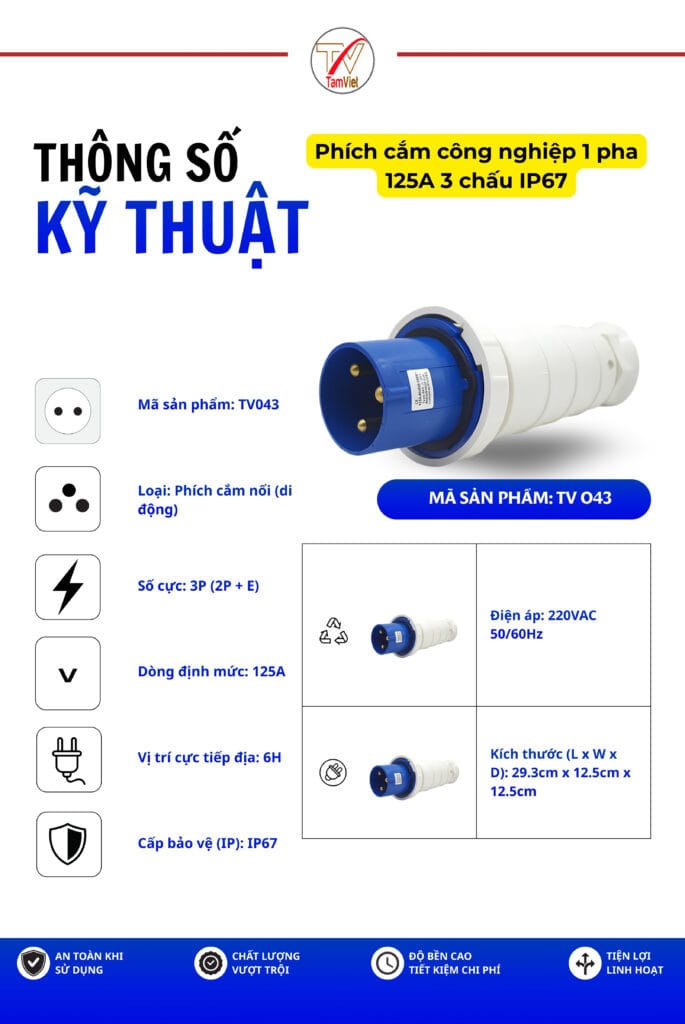 Phích cắm công nghiệp 1 pha 125A 3 chấu IP67