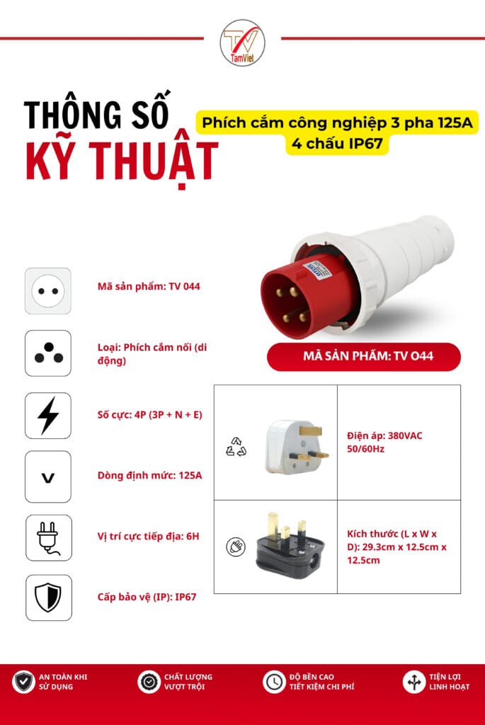 Phích cắm công nghiệp 3 pha 125A 4 chấu IP67