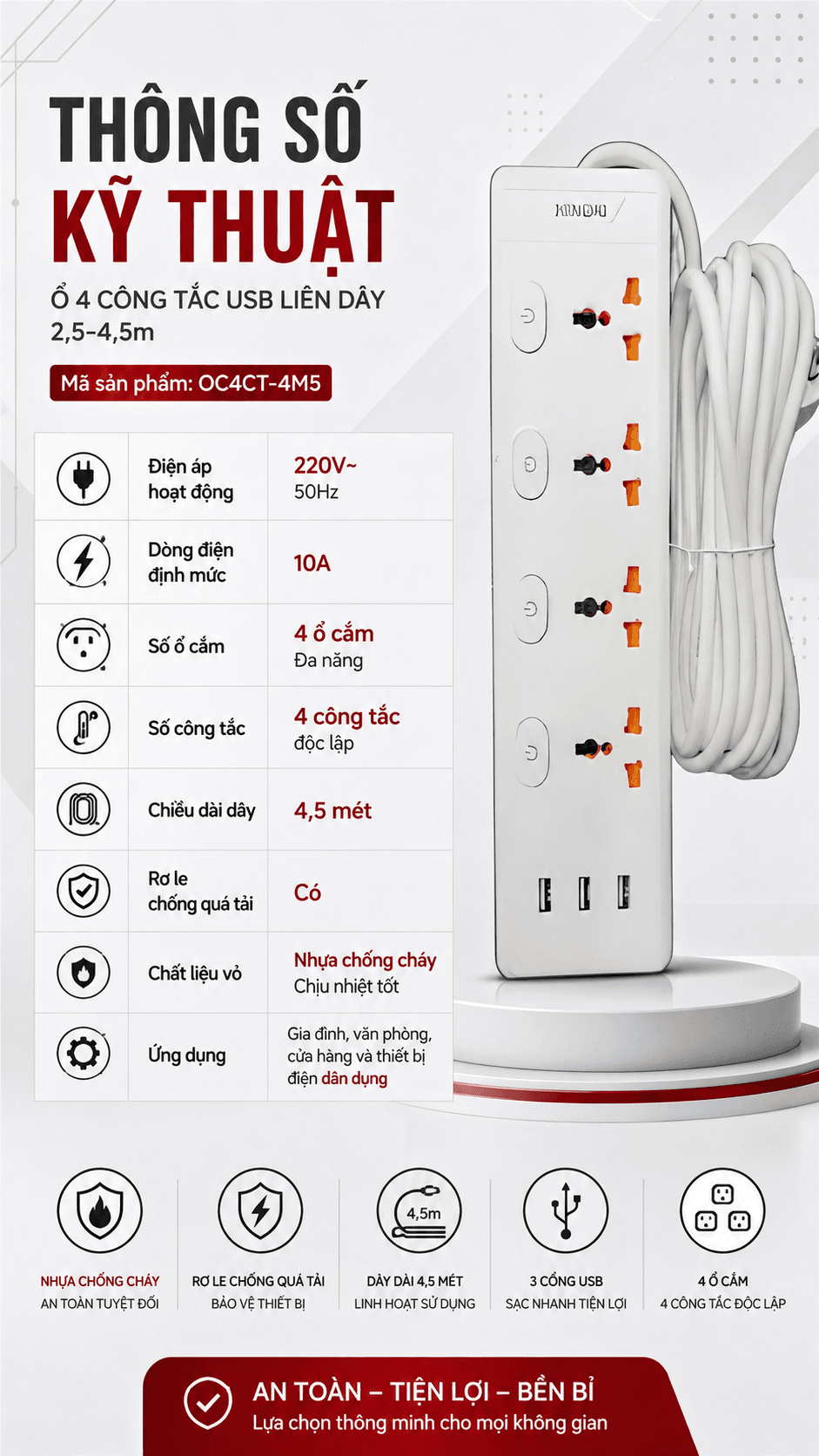 Ổ Cắm Điện 4 Công Tắc Riêng Dây Dài 4,5m