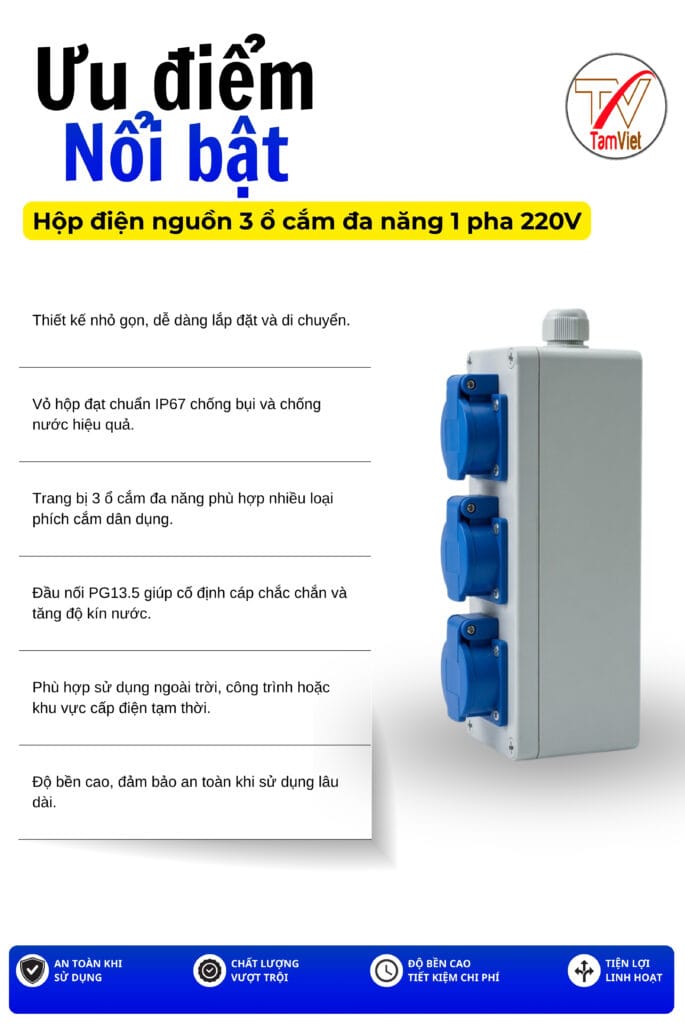 Hộp điện nguồn 3 ổ cắm đa năng 1 pha 220V