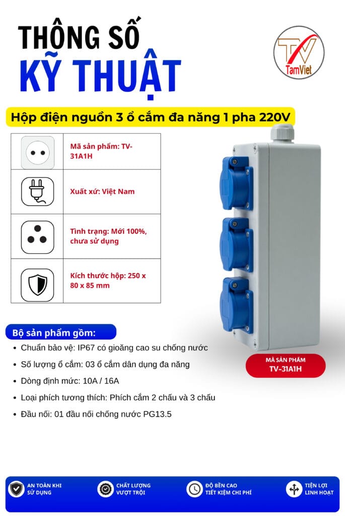 Hộp điện nguồn 3 ổ cắm đa năng 1 pha 220V