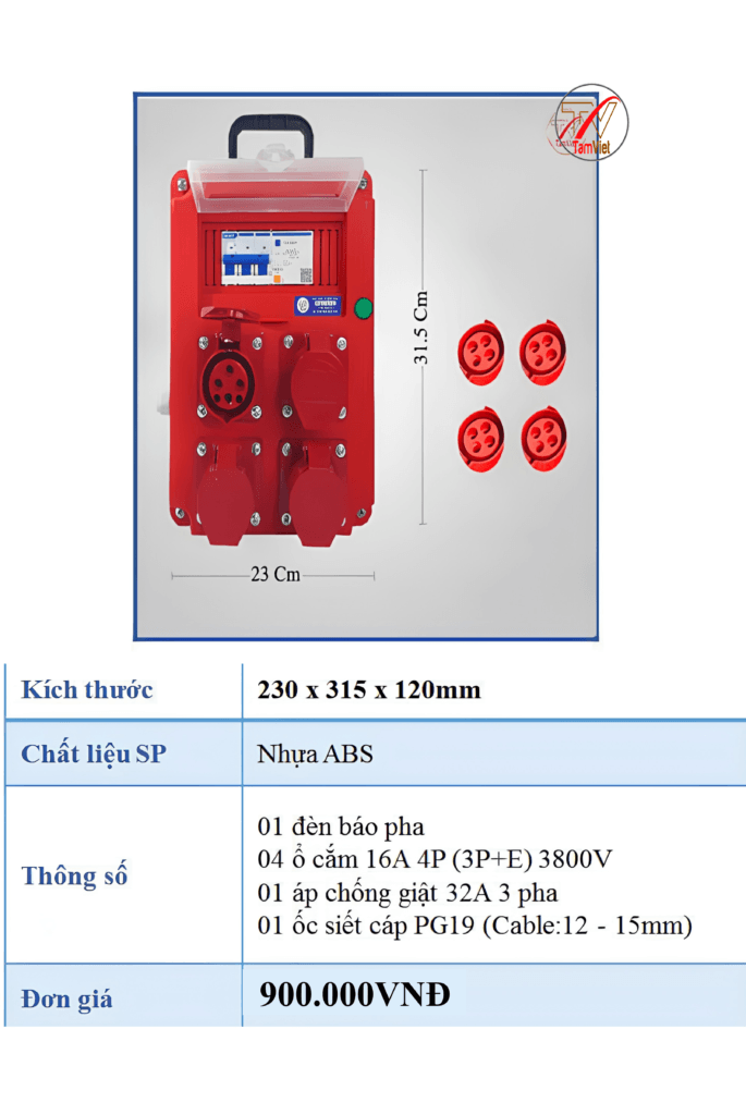 Hộp nguồn 3 pha 4 ổ 16A kèm áp chống giật