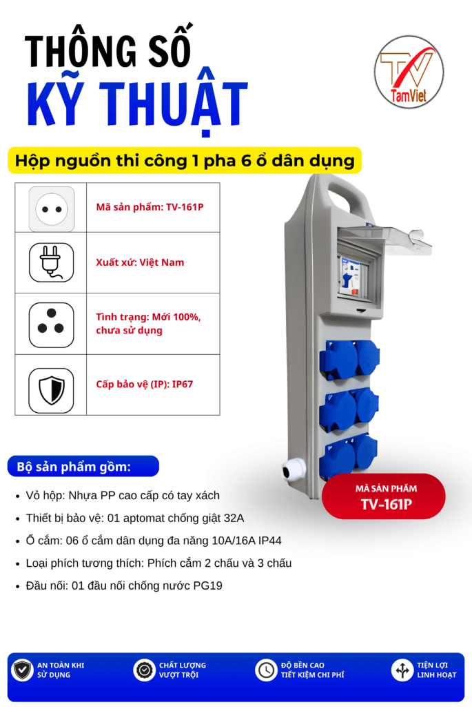 Hộp nguồn thi công 1 pha 6 ổ dân dụng