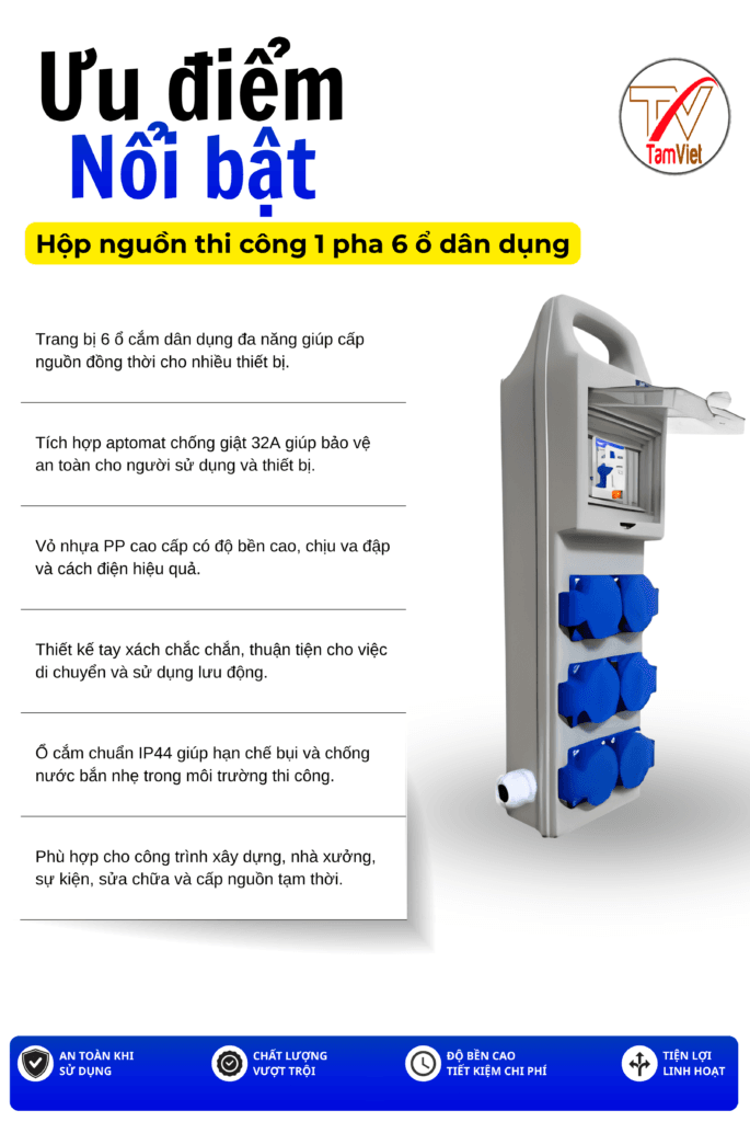 Hộp nguồn thi công 1 pha 6 ổ dân dụng
