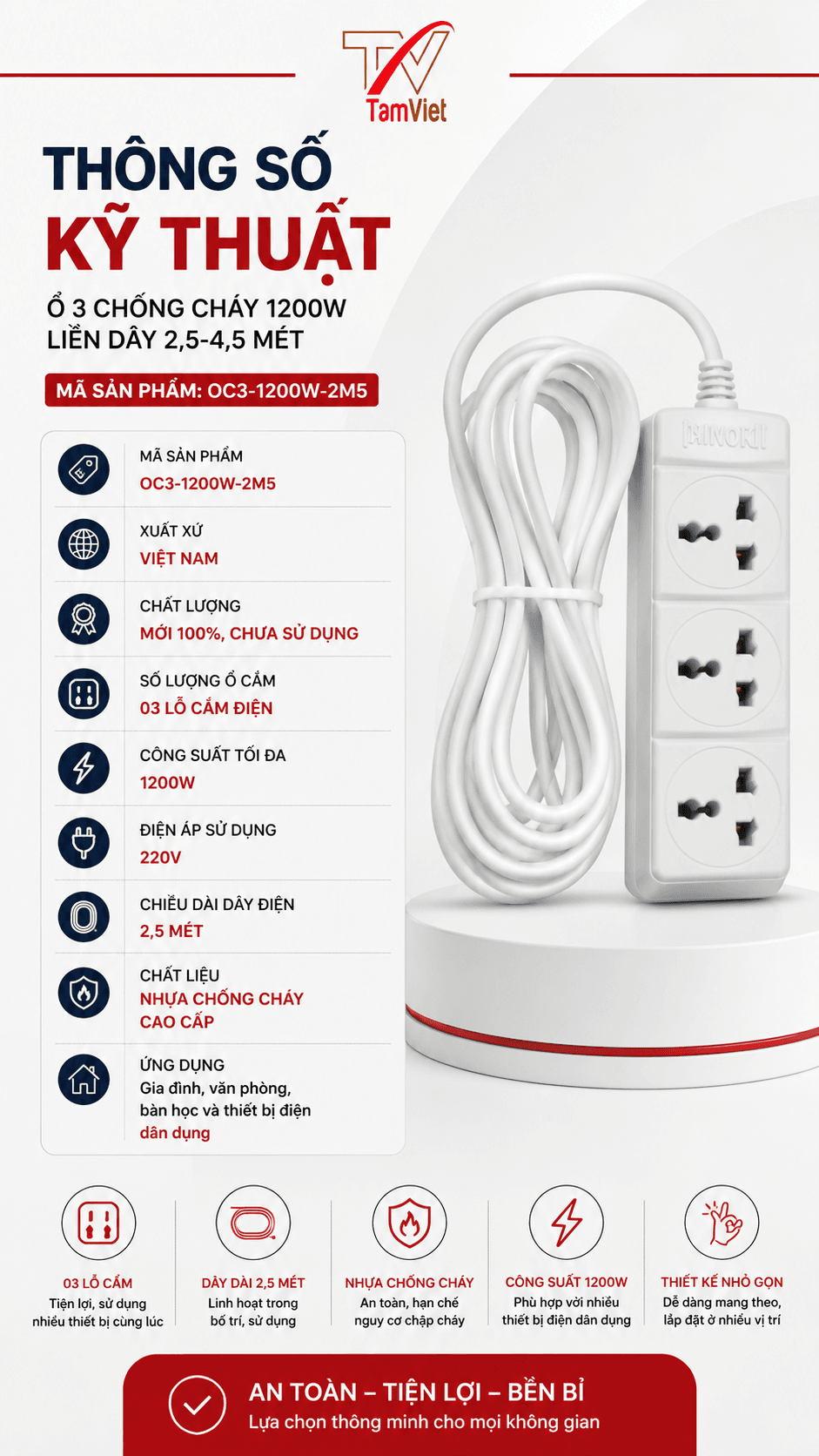 Ổ 3 Chống Cháy 1200W Liền Dây 2,5 Mét