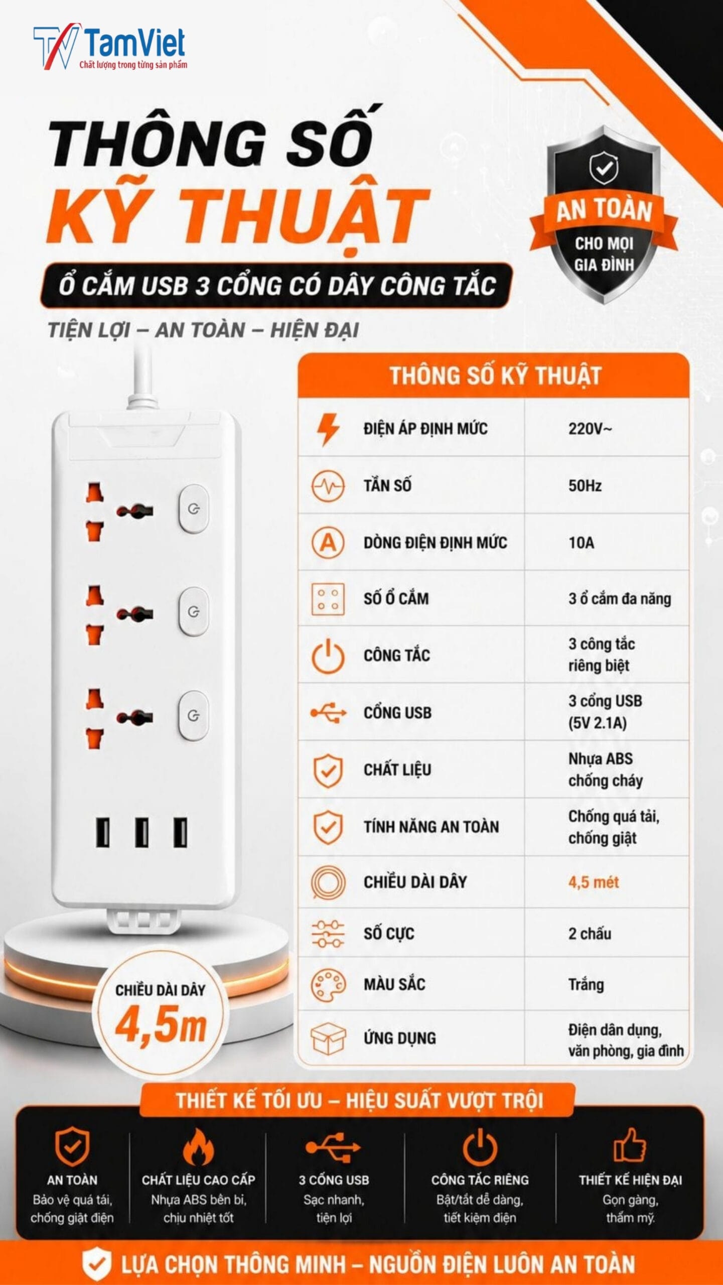 Ổ 3 công tắc USB liền dây 2,5-4,5m