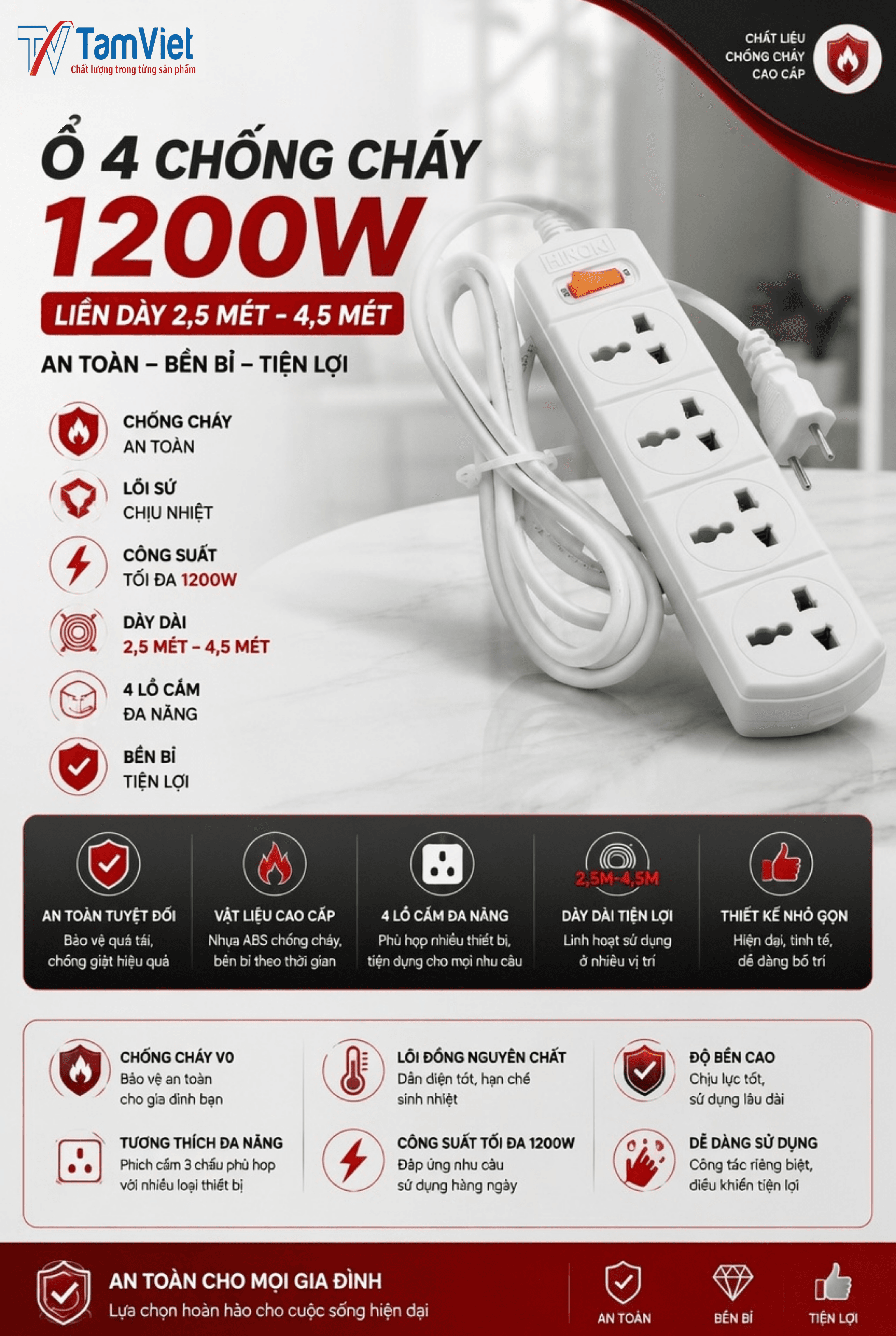 Ổ 4 Chống Cháy 1200W liền dây 2,5:4,5 mét 
