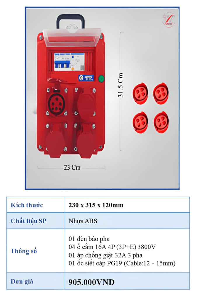Tủ điện thi công 3 pha 32A 4 chấu IP44, tủ điện tạm công trường